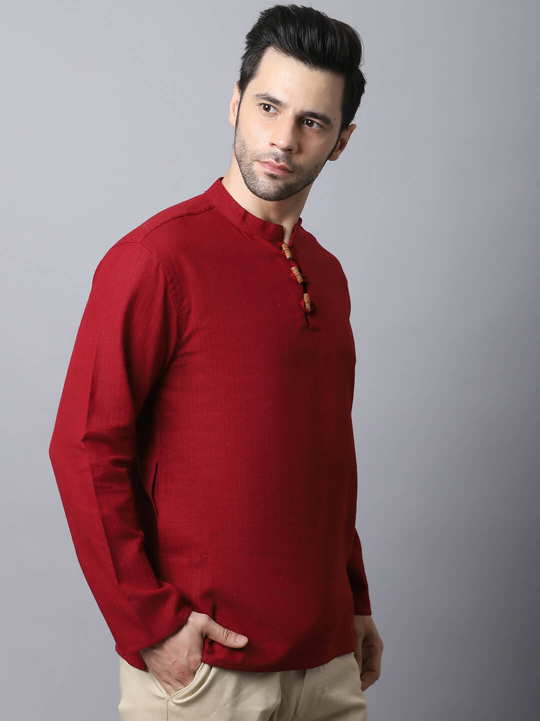 Even Apparels Maroon Pure Cotton Men's Kurta With Band Collar | Swadesiicart