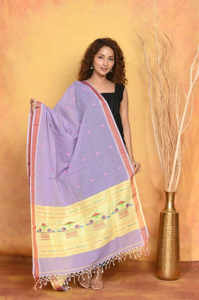 Very Much Indian Handloom Pure Cotton Paithani Dupatta - Lavender | Swadesiicart