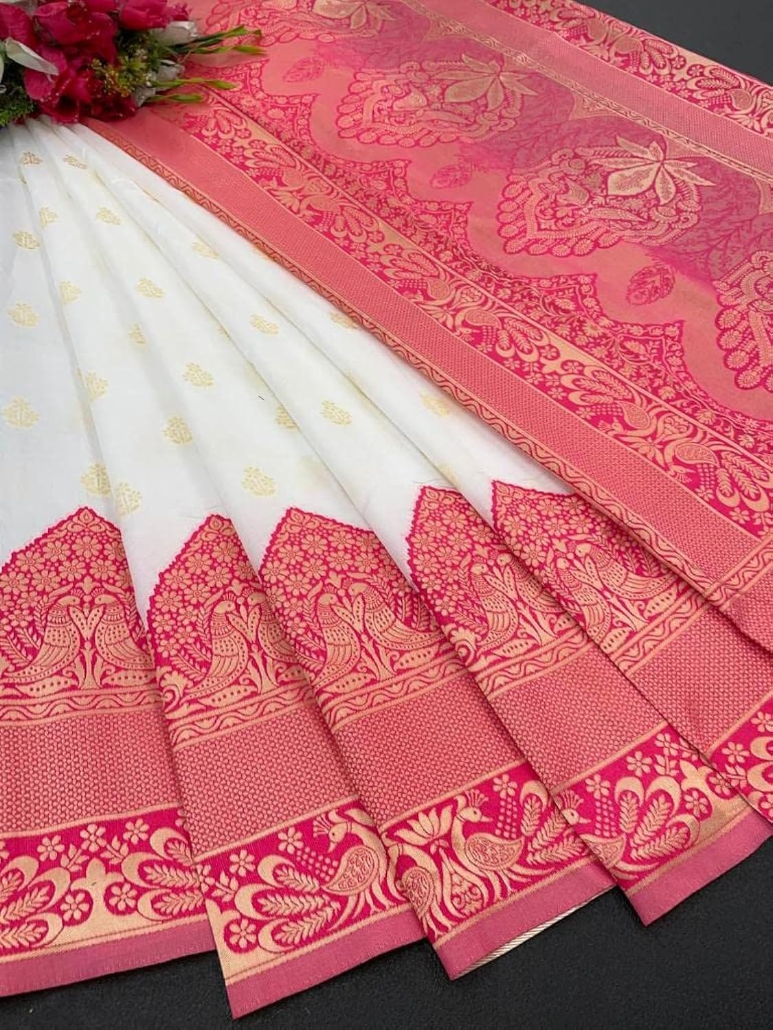 Vamika Weaving Banarasi Jacquard Pink Kanjivaram Saree | Swadesiicart