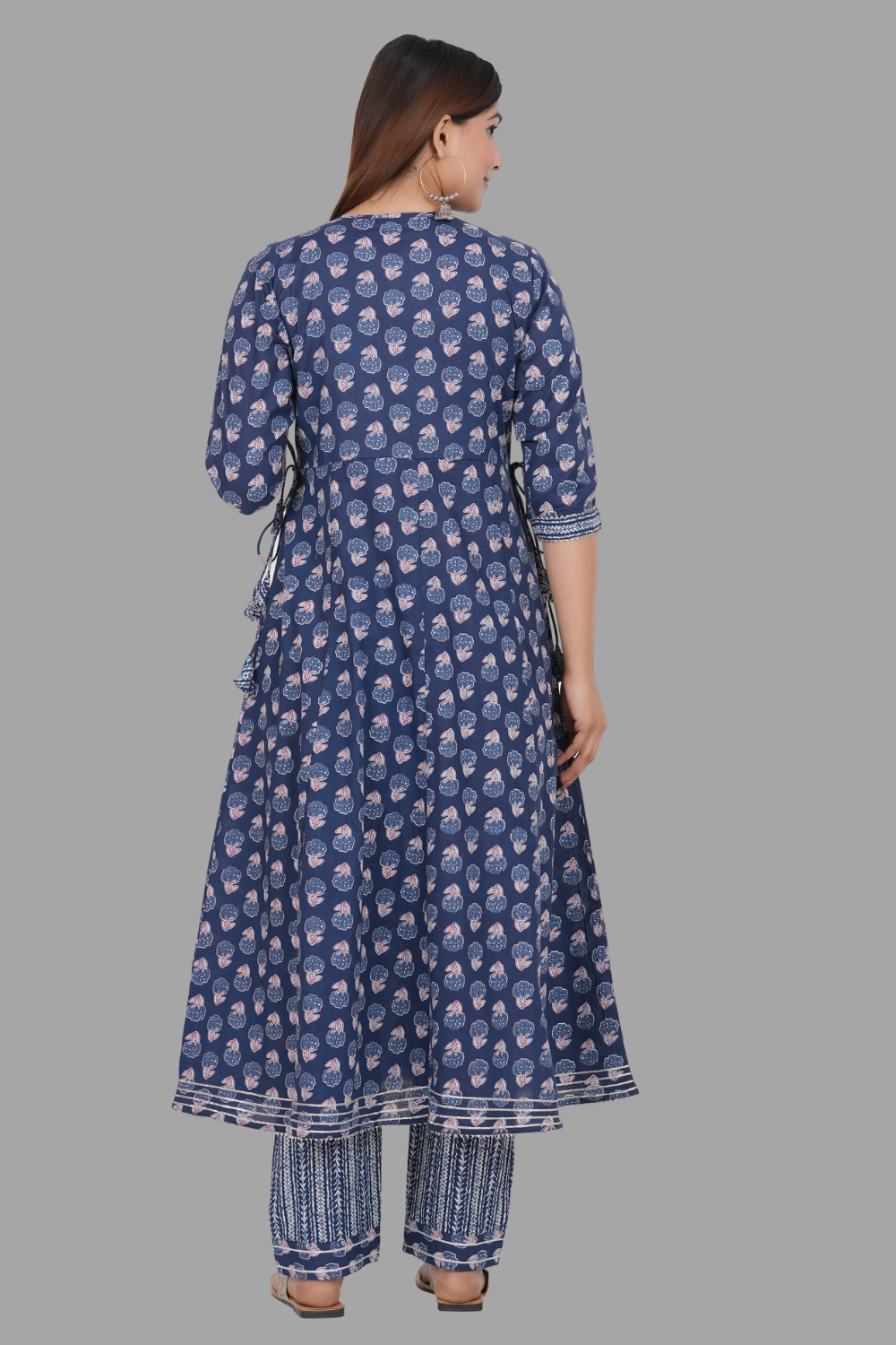 House of RP Women's Blue Cotton Floral Yoke Embroidered Anarkali Kurta & Pant Set | Swadesiicart