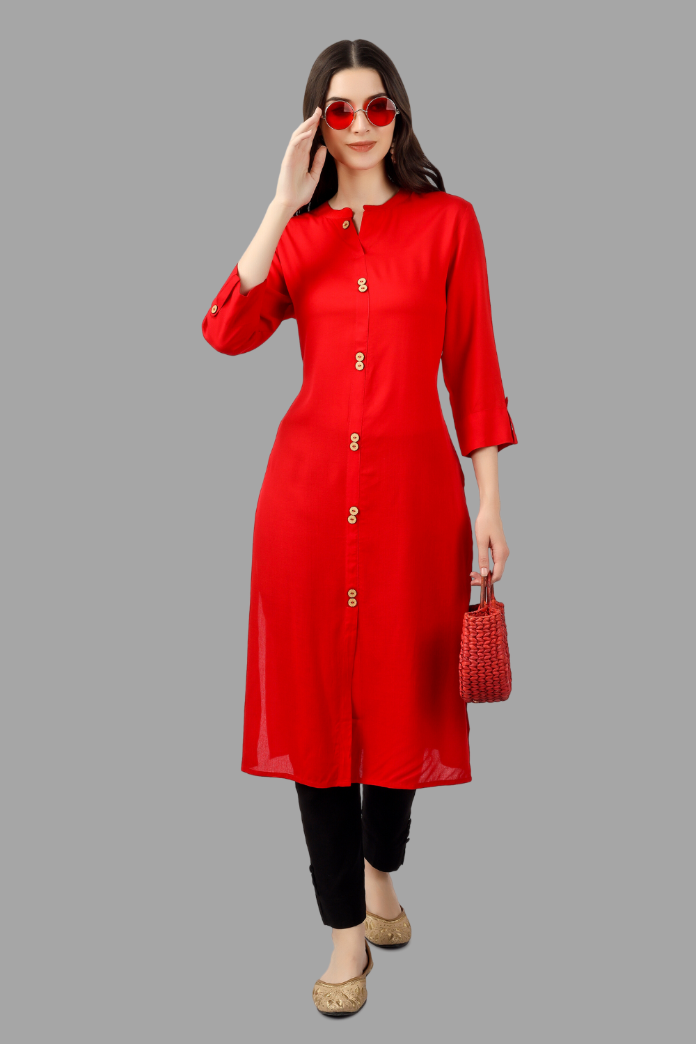 House of RP Women's Red Rayon Solid Frontslit Straight Kurta | Swadesiicart