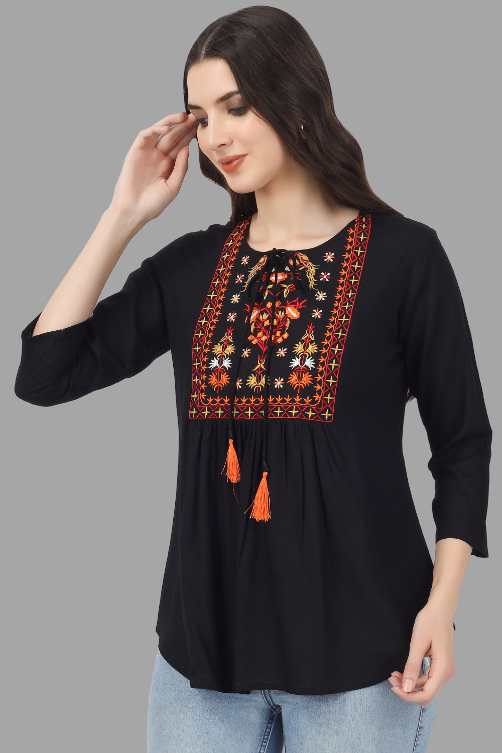 House of RP Women Black Rayon Embroidered Flared Tunic | Swadesiicart