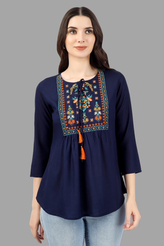 House of RP Women Blue Rayon Embroidered Flared Tunic | Swadesiicart