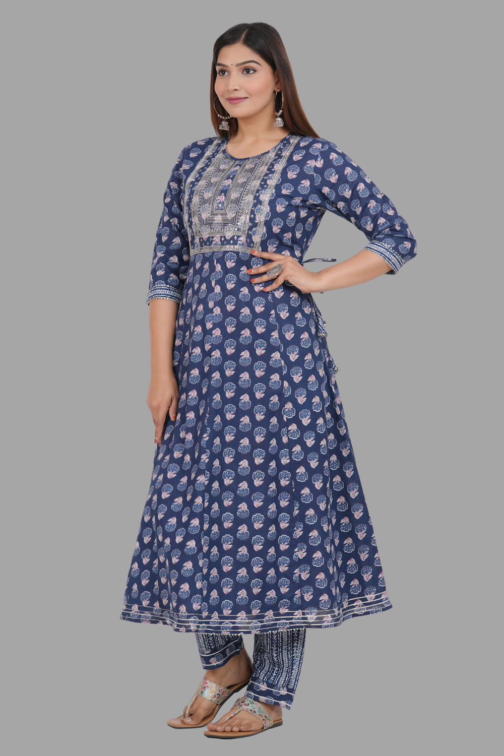 House of RP Women's Blue Cotton Floral Yoke Embroidered Anarkali Kurta & Pant Set | Swadesiicart