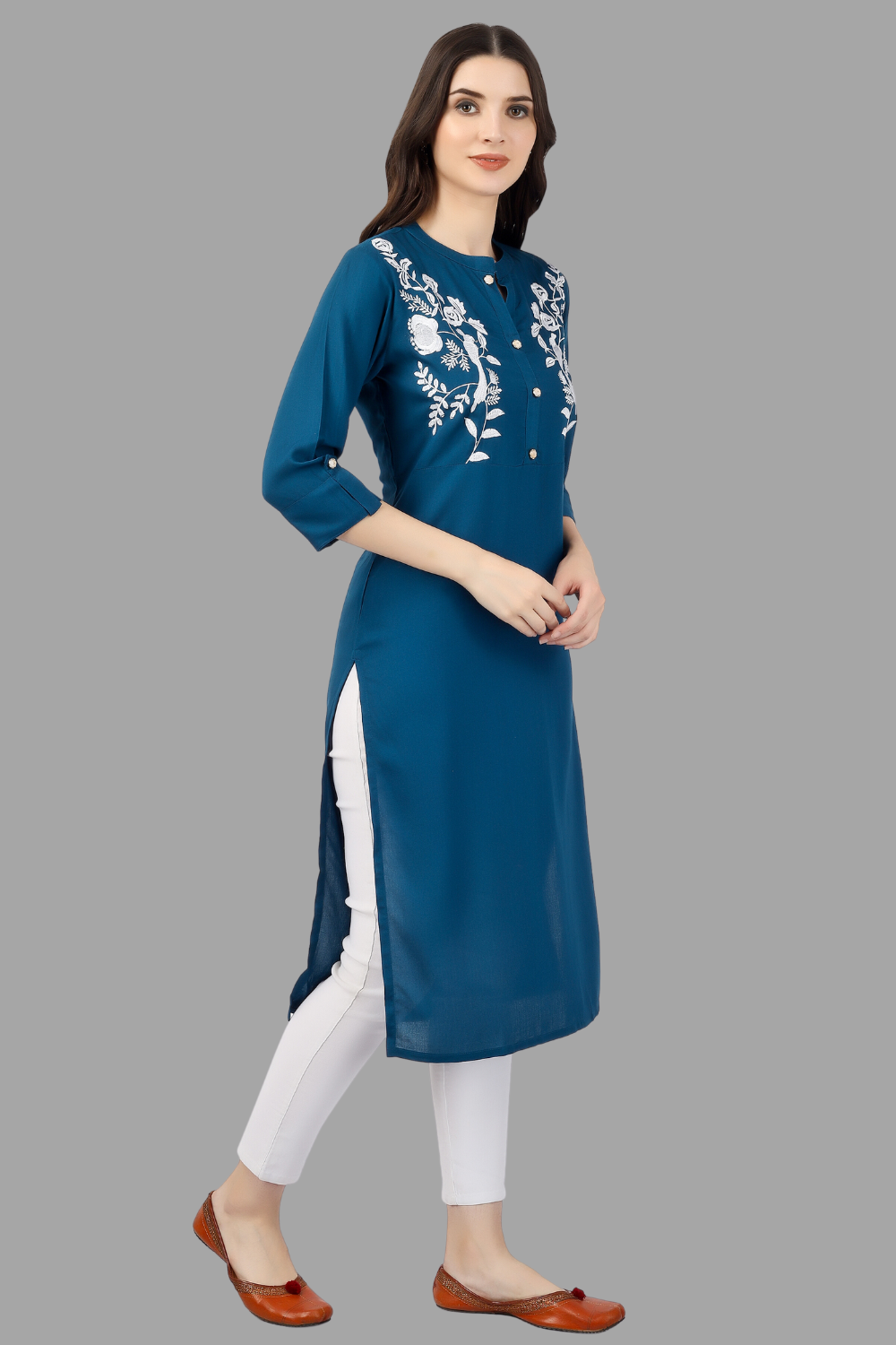 House of RP Women's Light Blue Rayon Chicken Embroidered Straight Kurta | Swadesiicart