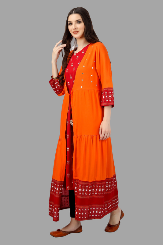 House of RP Women's Red Rayon Embroidered Circular Kurta with Shurg | Swadesiicart