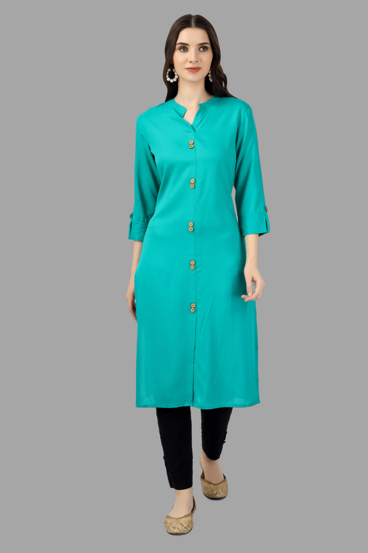 House of RP Women's Turquoise Rayon Solid Frontslit Straight Kurta | Swadesiicart