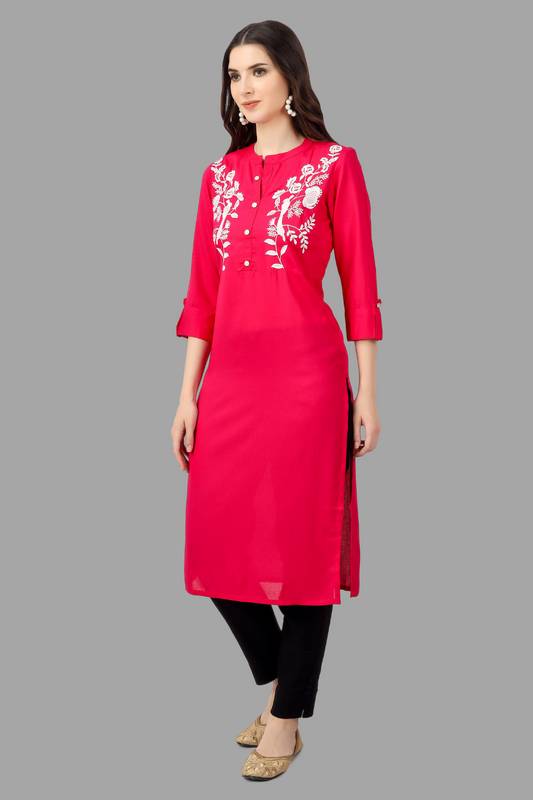 House of RP Women's Pink Rayon Chicken Embroidered Straight Kurta | Swadesiicart