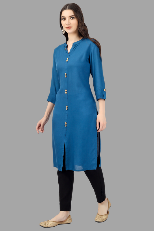 House of RP Women's Light Blue Rayon Solid Frontslit Straight Kurta | Swadesiicart