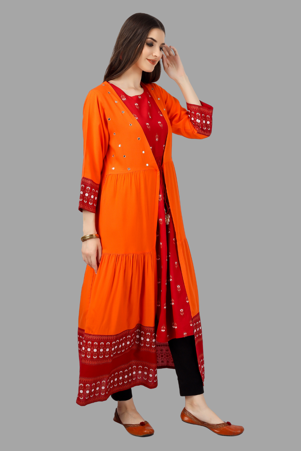 House of RP Women's Red Rayon Embroidered Circular Kurta with Shurg | Swadesiicart