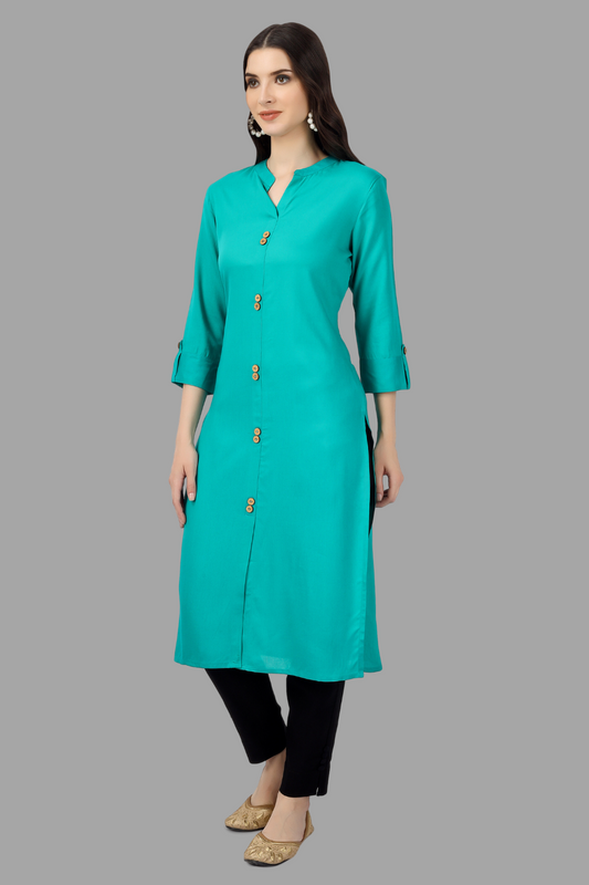 House of RP Women's Turquoise Rayon Solid Frontslit Straight Kurta | Swadesiicart