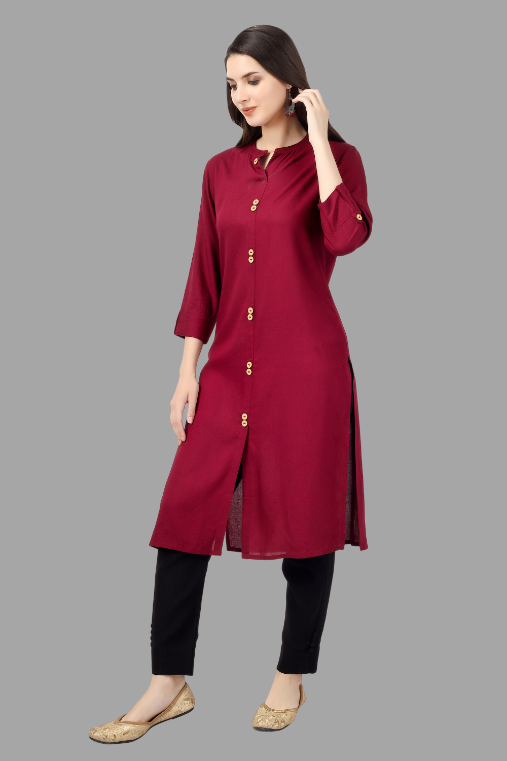 House of RP Women's Maroon Rayon Solid Frontslit Straight Kurta | Swadesiicart