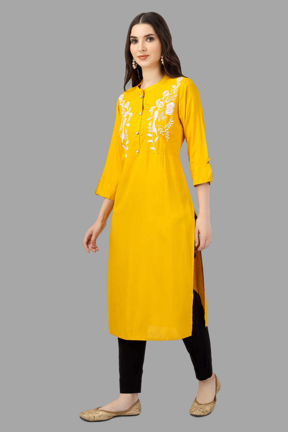 House of RP Women's Yellow Rayon Chicken Embroidered Straight Kurta | Swadesiicart