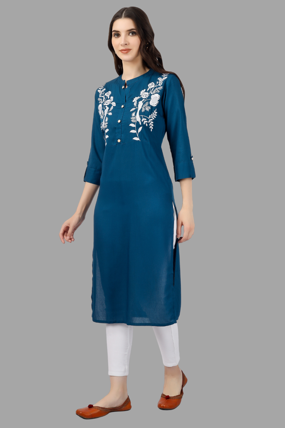 House of RP Women's Light Blue Rayon Chicken Embroidered Straight Kurta | Swadesiicart