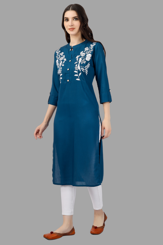 House of RP Women's Light Blue Rayon Chicken Embroidered Straight Kurta | Swadesiicart