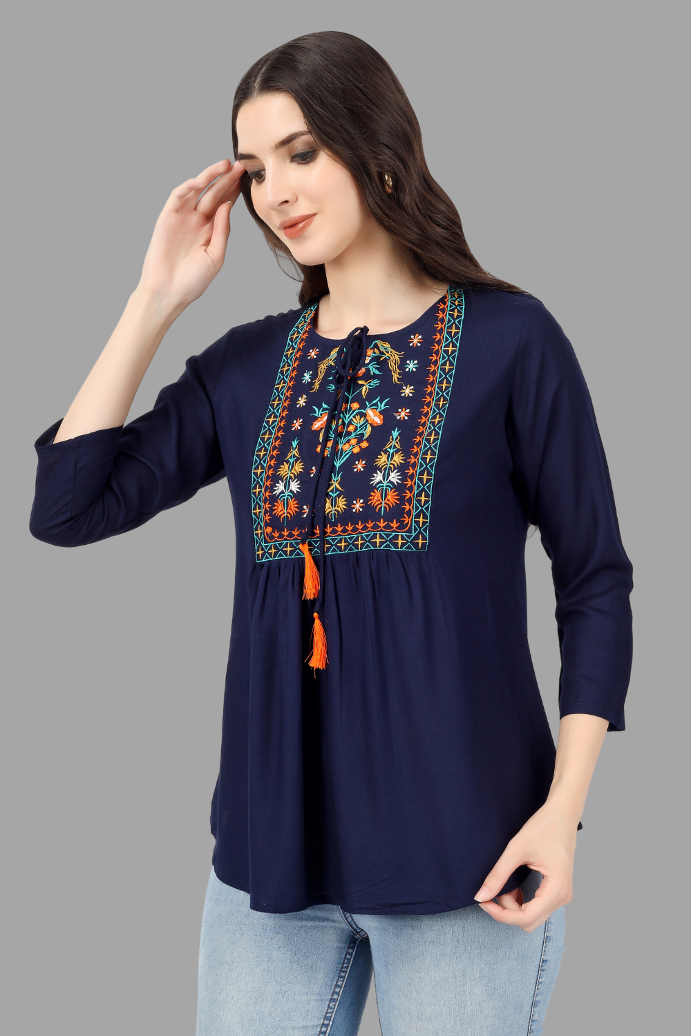 House of RP Women Blue Rayon Embroidered Flared Tunic | Swadesiicart