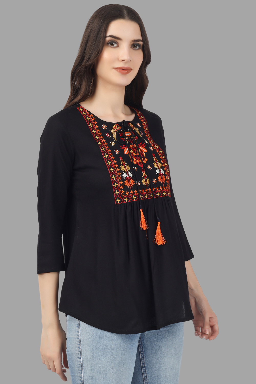 House of RP Women Black Rayon Embroidered Flared Tunic | Swadesiicart