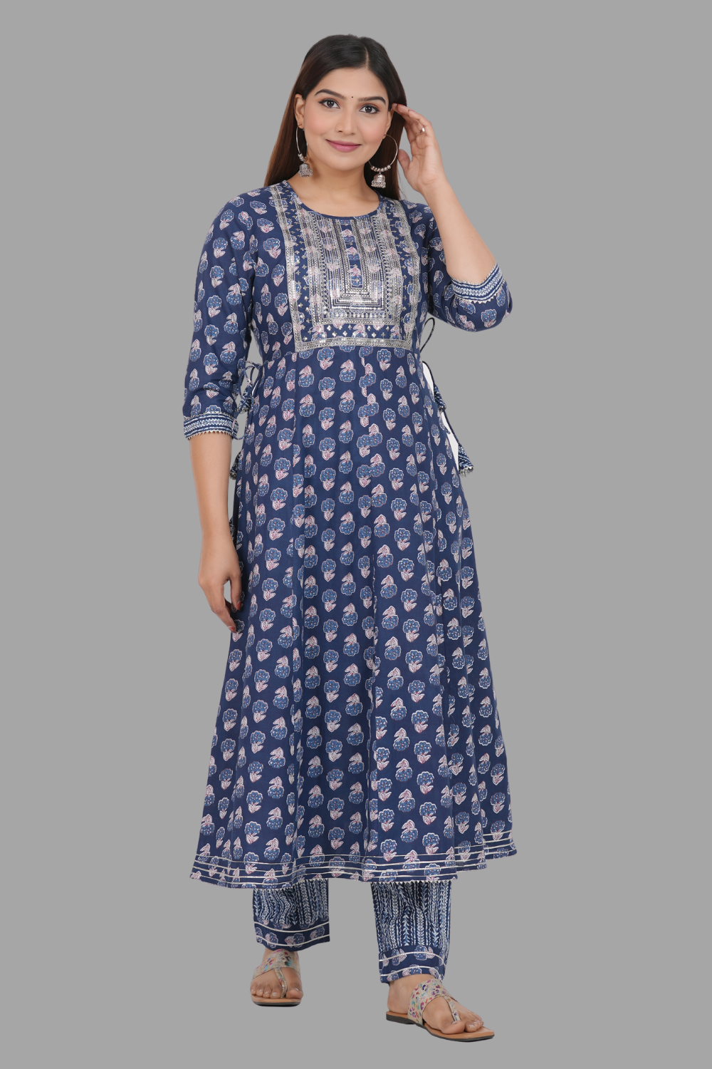House of RP Women's Blue Cotton Floral Yoke Embroidered Anarkali Kurta & Pant Set | Swadesiicart