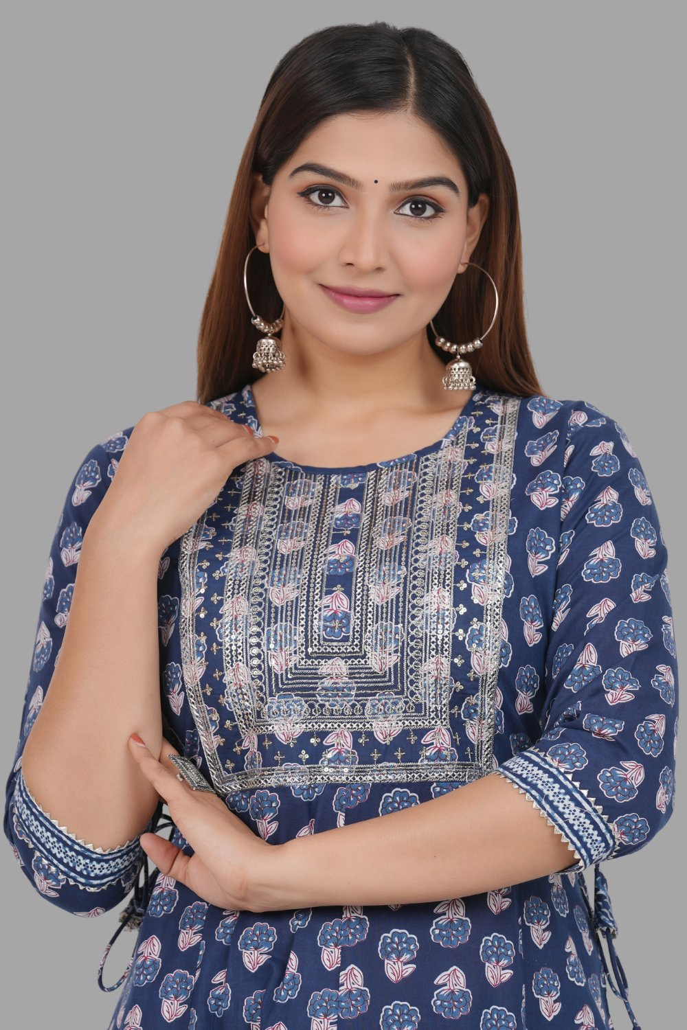 House of RP Women's Blue Cotton Floral Yoke Embroidered Anarkali Kurta & Pant Set | Swadesiicart