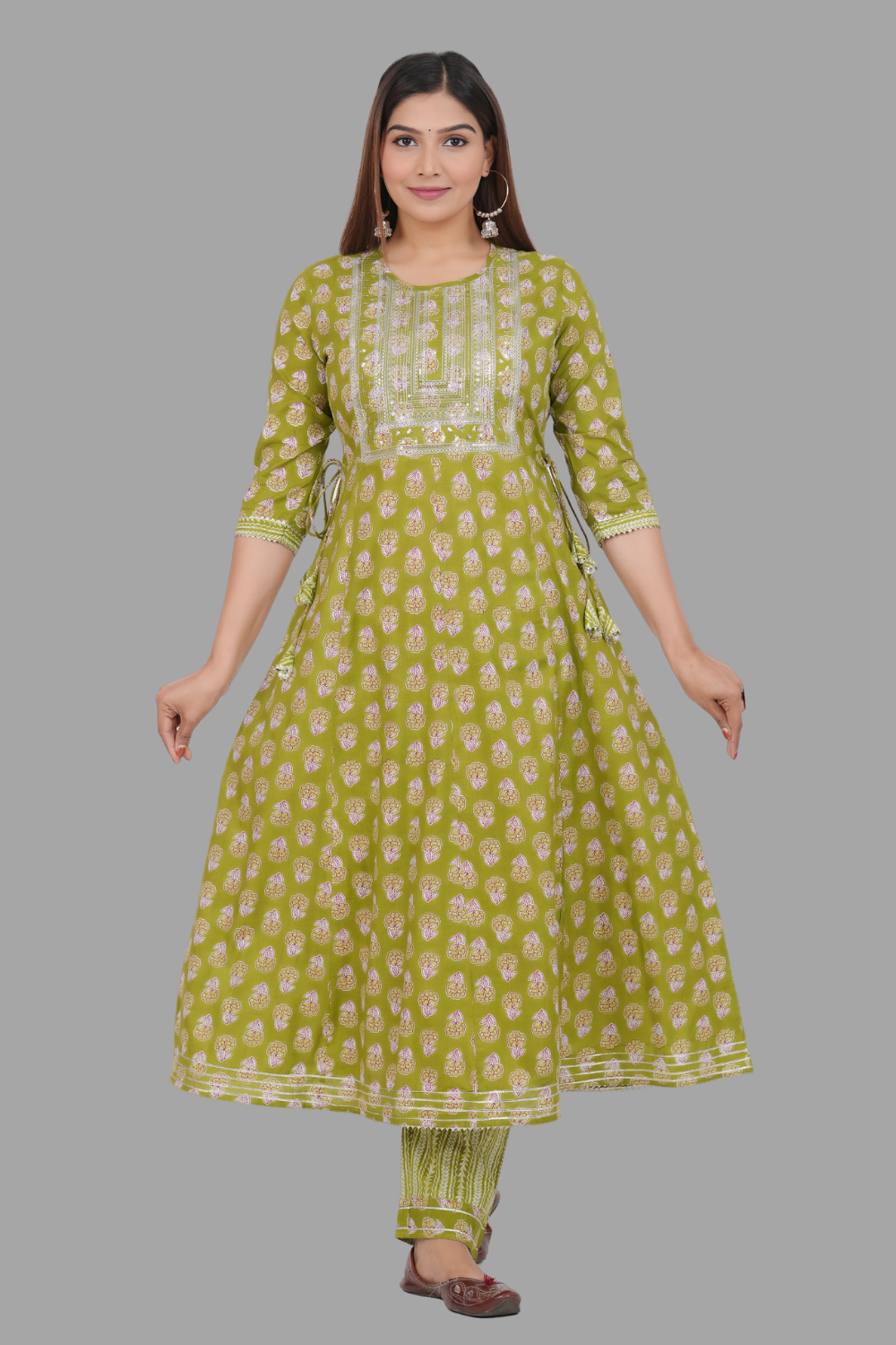 House of RP Women's Green Cotton Floral Yoke Embroidered Anarkali Kurta & Pant Set | Swadesiicart