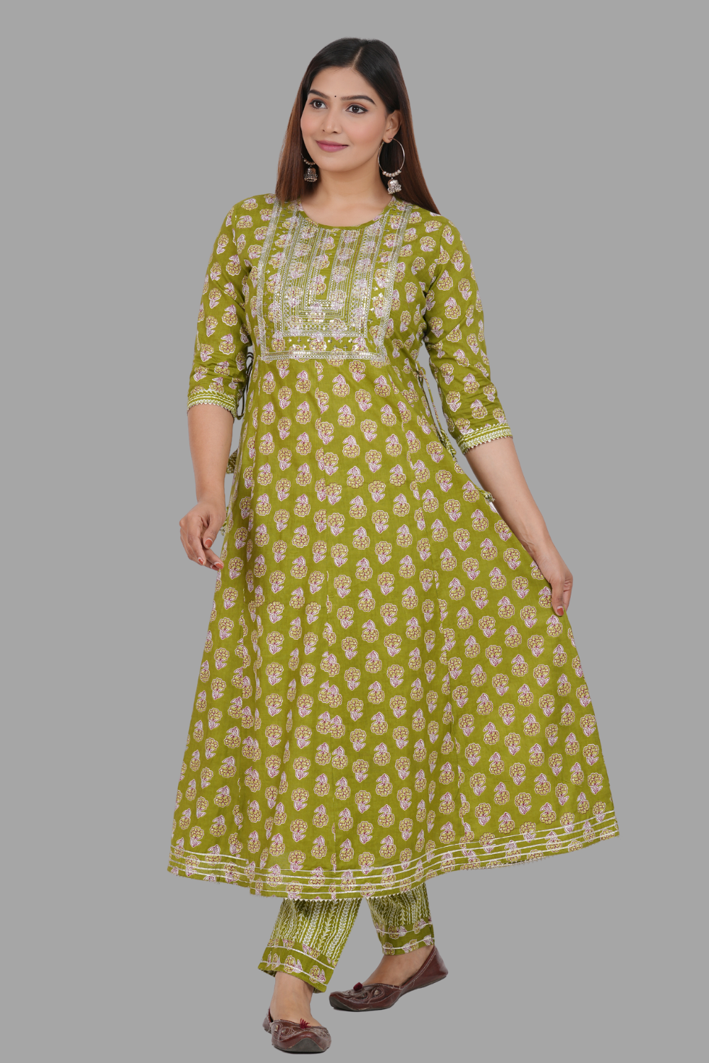 House of RP Women's Green Cotton Floral Yoke Embroidered Anarkali Kurta & Pant Set | Swadesiicart