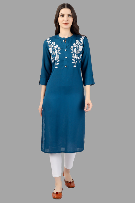 House of RP Women's Light Blue Rayon Chicken Embroidered Straight Kurta | Swadesiicart