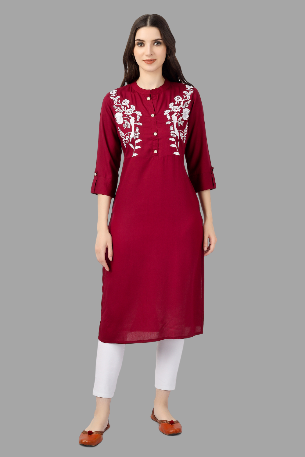 House of RP Women's Maroon Rayon Chicken Embroidered Straight Kurta | Swadesiicart
