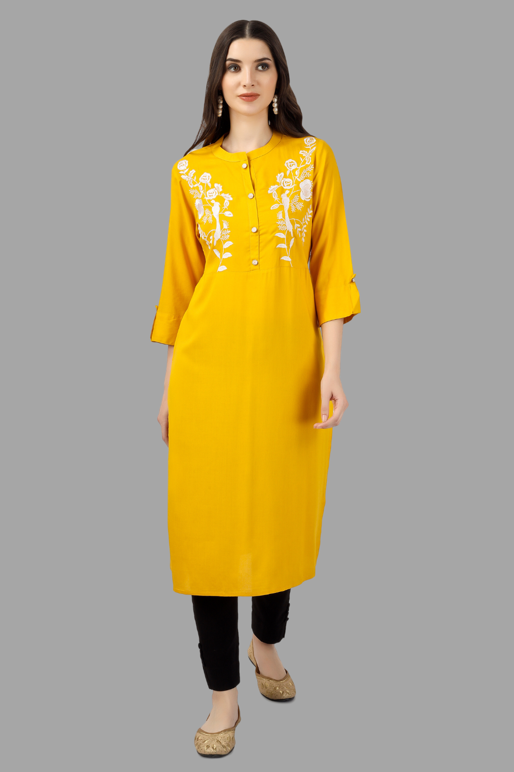 House of RP Women's Yellow Rayon Chicken Embroidered Straight Kurta | Swadesiicart