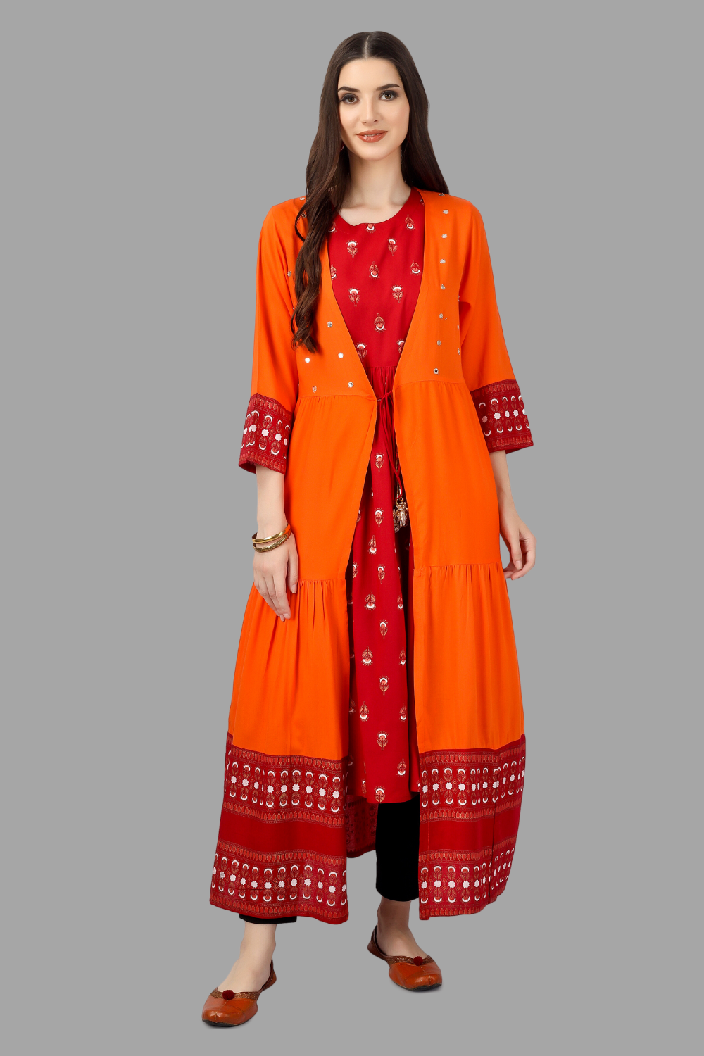 House of RP Women's Red Rayon Embroidered Circular Kurta with Shurg | Swadesiicart