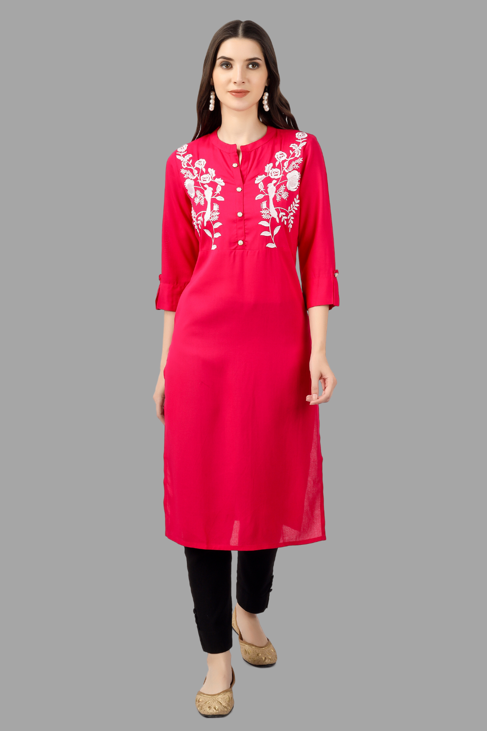 House of RP Women's Pink Rayon Chicken Embroidered Straight Kurta | Swadesiicart