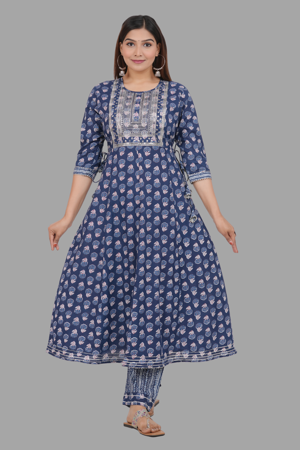 House of RP Women's Blue Cotton Floral Yoke Embroidered Anarkali Kurta & Pant Set | Swadesiicart