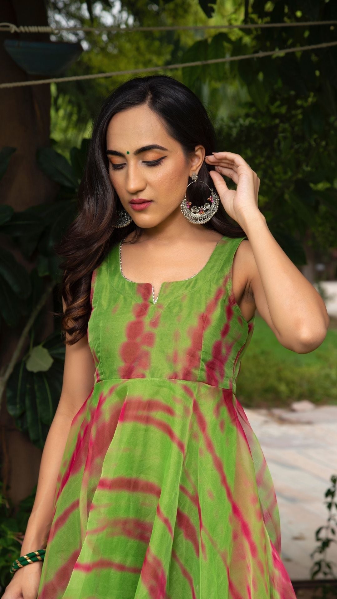Pomcha Jaipur Tie And Dye Green Organza Anarkali Set | Swadesiicart