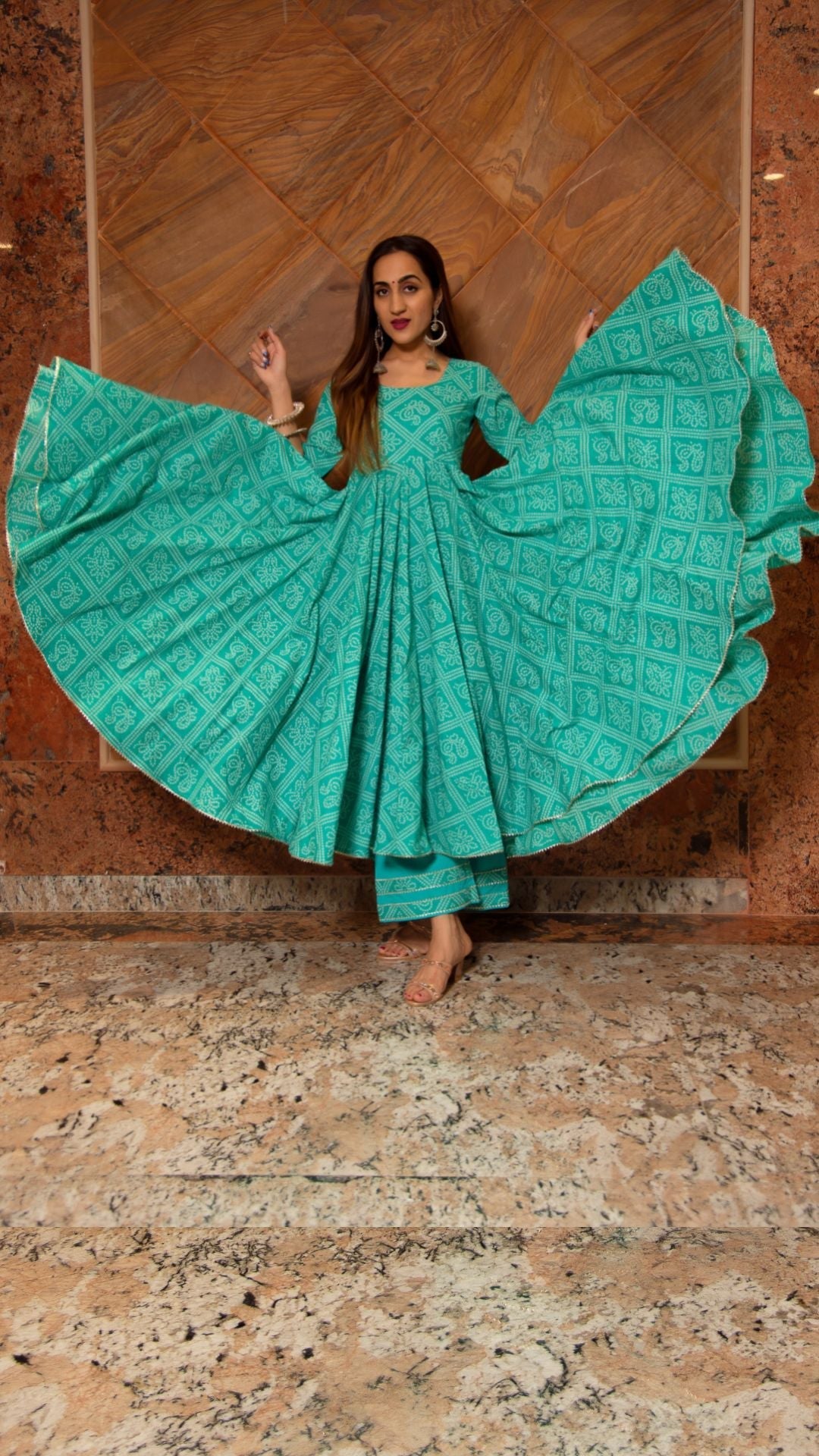 Pomcha Jaipur Bandhej Tiffany Blue Cotton Anarkali Set | Swadesiicart