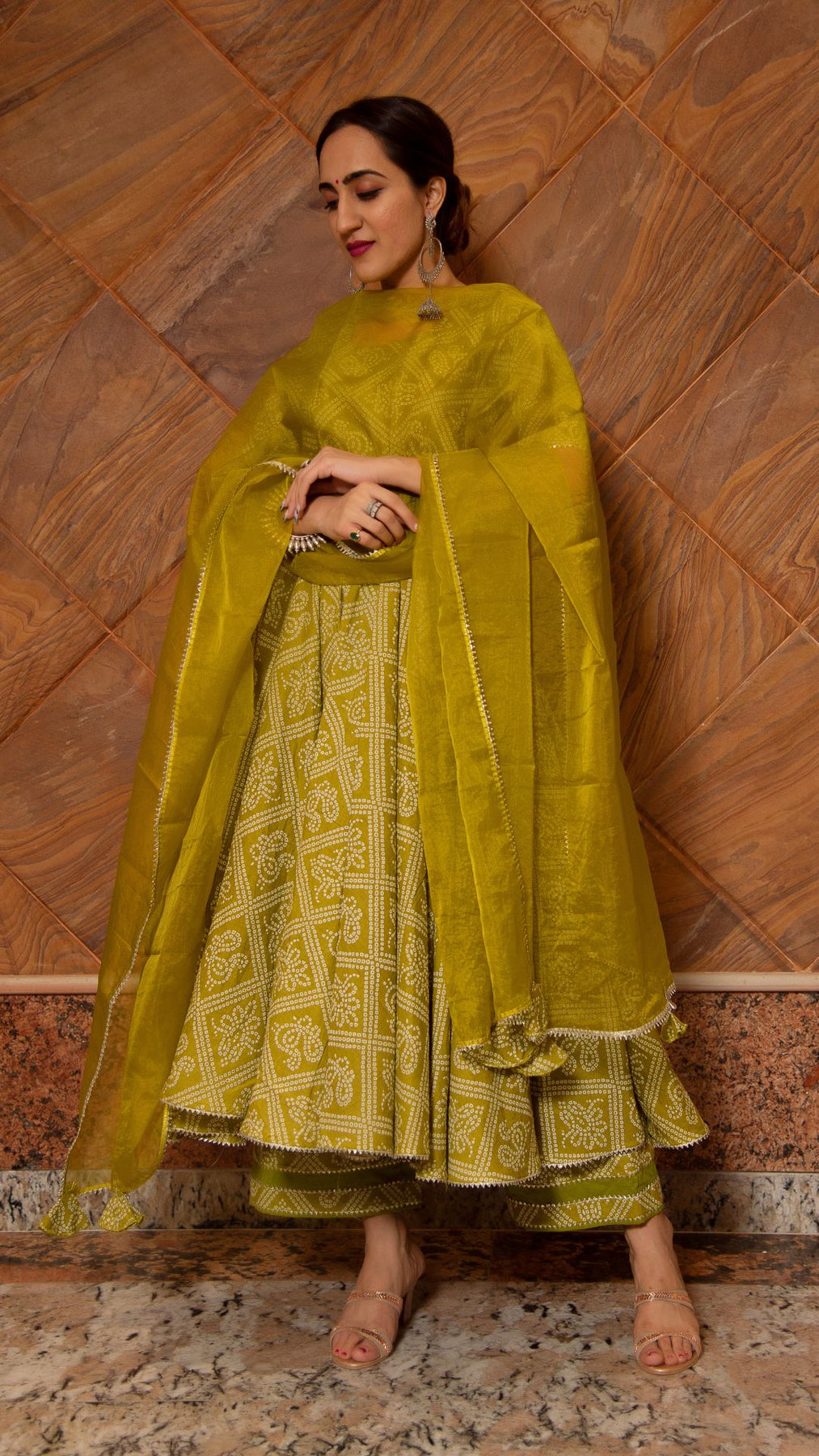 Pomcha Jaipur Bandhej Mehndhi Green Cotton Anarkali Set | Swadesiicart