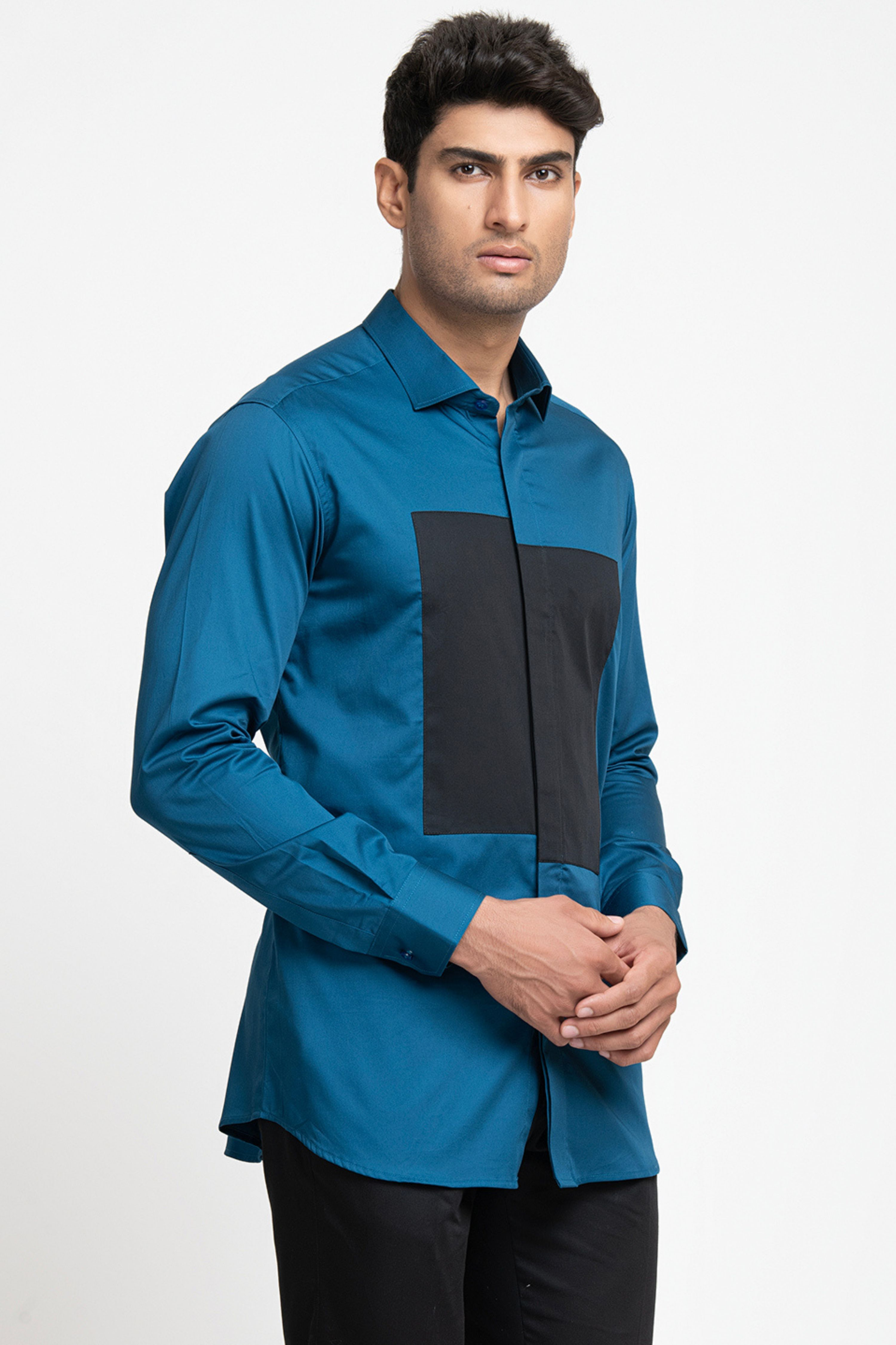 Blue Shirt With Black Patch Box Shirt by Hilo Design