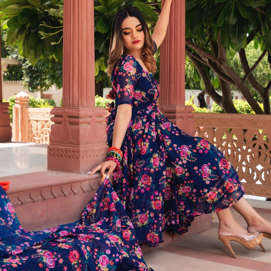 Pomcha Jaipur Manjari Organza Phool Jaal Anarkali Set | Swadesiicart