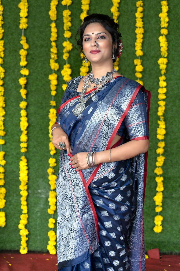 Jyoti Fashion Women's Navy Blue Soft Handloom Silk Zari Woven Saree with Blouse | Swadesiicart