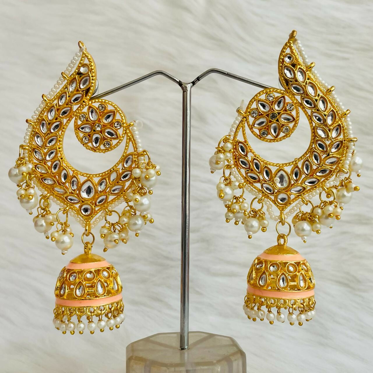 Beige Gold-Polished Peacock Design Brass Kundan Stone Handcrafted Jhumka Latkan Earrings For Women And Girls By House of Ree - Swadesiicart