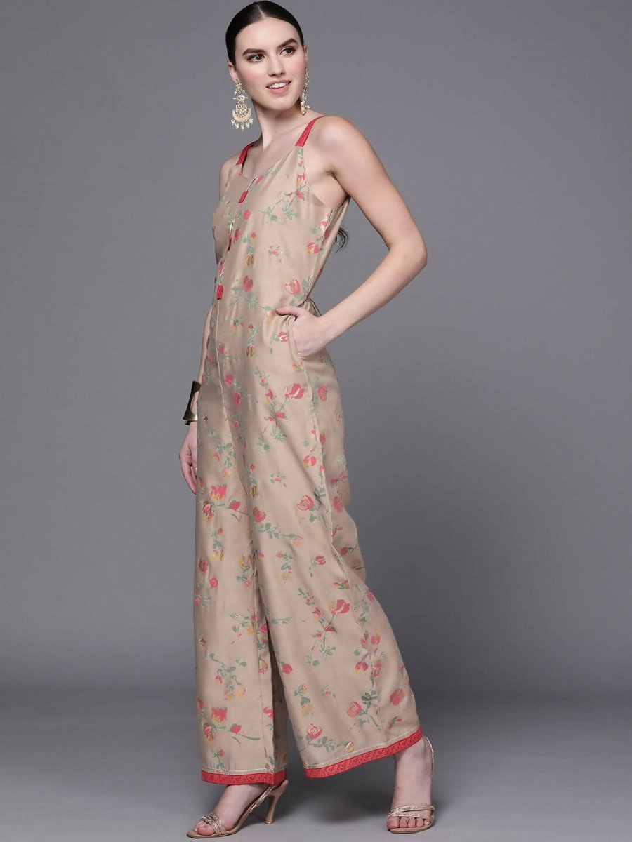 Ahalyaa Women Tan Printed Basic Jumpsuit - Swadesiicart