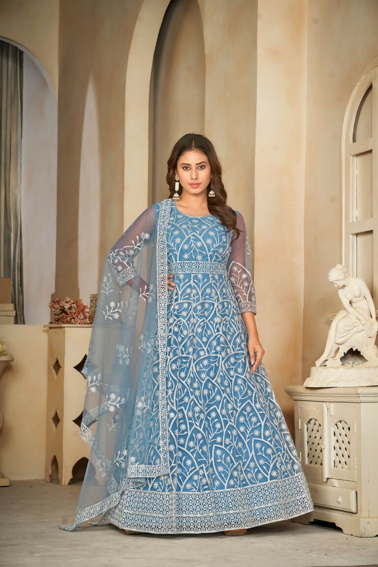 Jyoti Fashion Women's Sky Blue Net Embroidered Anarkali Kurta Pant Set With Dupatta | Swadesiicart