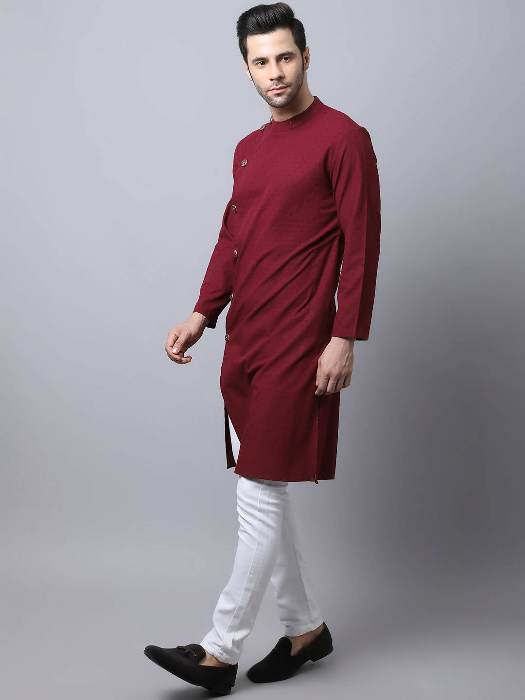 Even Apparels Maroon Pure Cotton Sherwani Men's Kurta With Asymetrical Cut | Swadesiicart