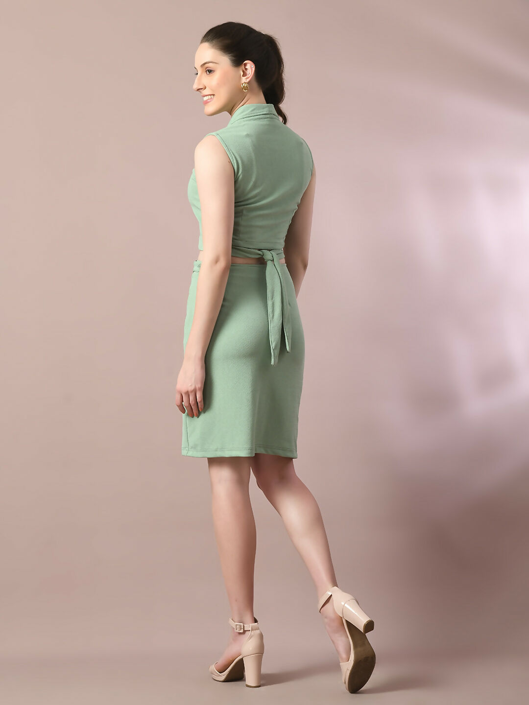 Myshka Women's Sea Green Solid Shawl Neck Party Top With Skirt Co-ord set - Swadesiicart