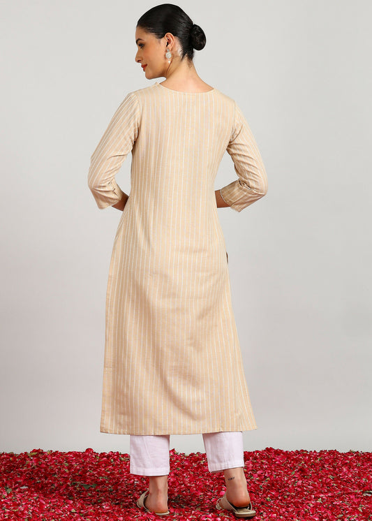Aavyora Women's Beige Woven Striped V-Neck Kurta - Swadesiicart