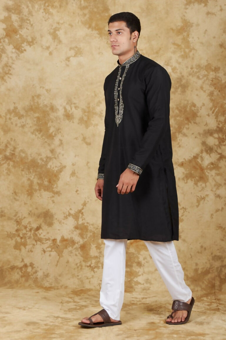 Bluesaanchi Men's Sunshine Handwoven Embroidered Black Kurta Set | Swadesiicart