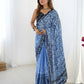 Blue Chinon Designer Digital Printed,Mirror Cut Work Saree - Sohni