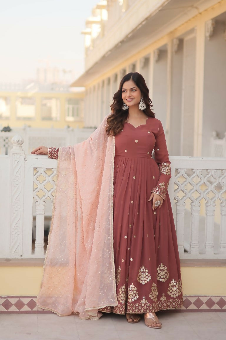 Jyoti Fashion Women's Brown Faux Georgette Sequins Thread Embroidery Anarkali Dress with Dupatta | Swadesiicart
