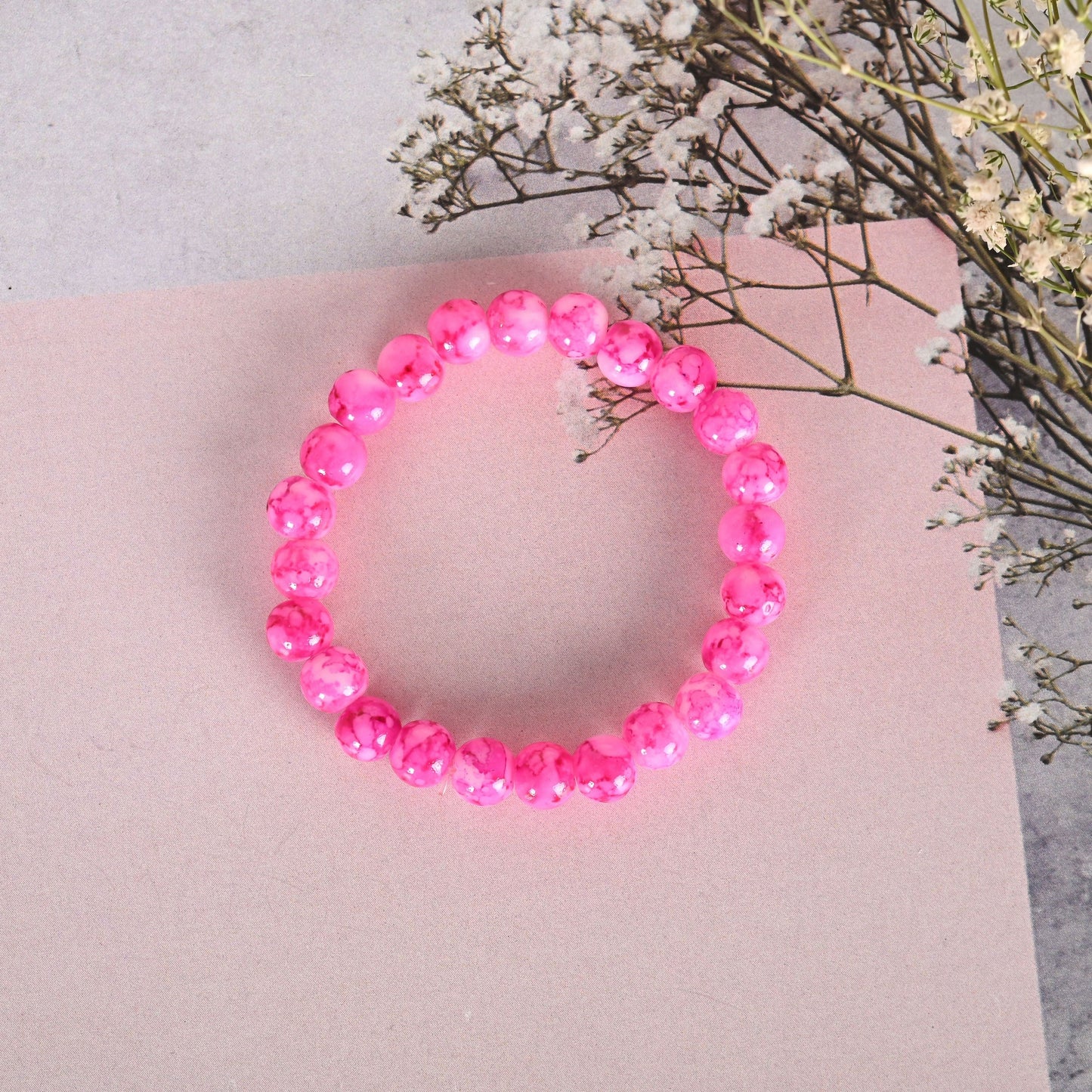 NVR Men & Women Pink Marble Crystal Beaded Elasticated Bracelet - Swadesiicart