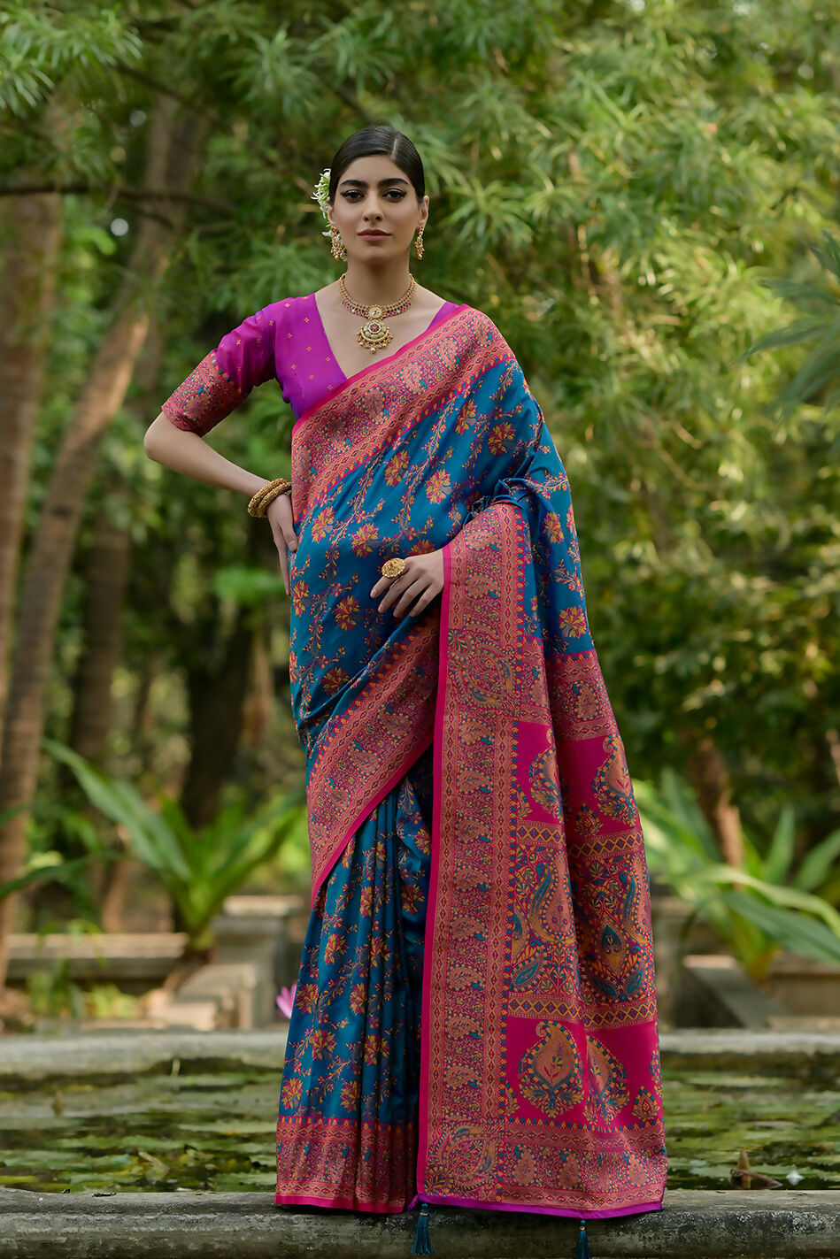 Vishnu Weaves Women's Firozi Pashmina Silk Thread Woven Saree with Blouse - Swadesiicart