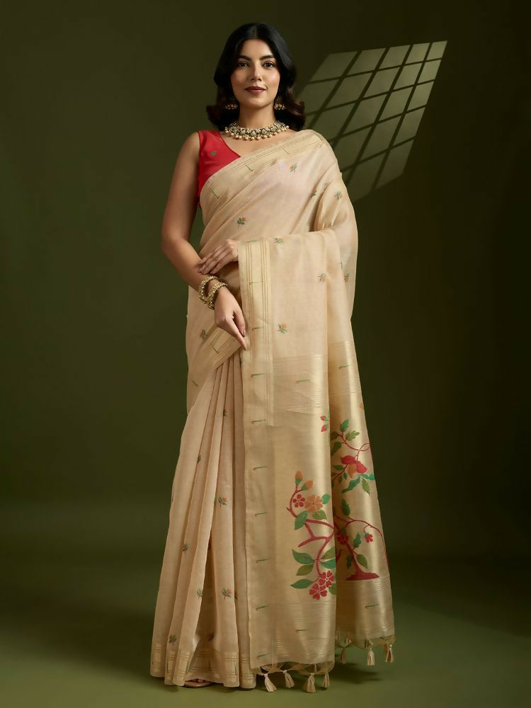 Vishnu Weaves Women's Chiku Muga Cotton Thread Woven Butti with Blouse - Swadesiicart