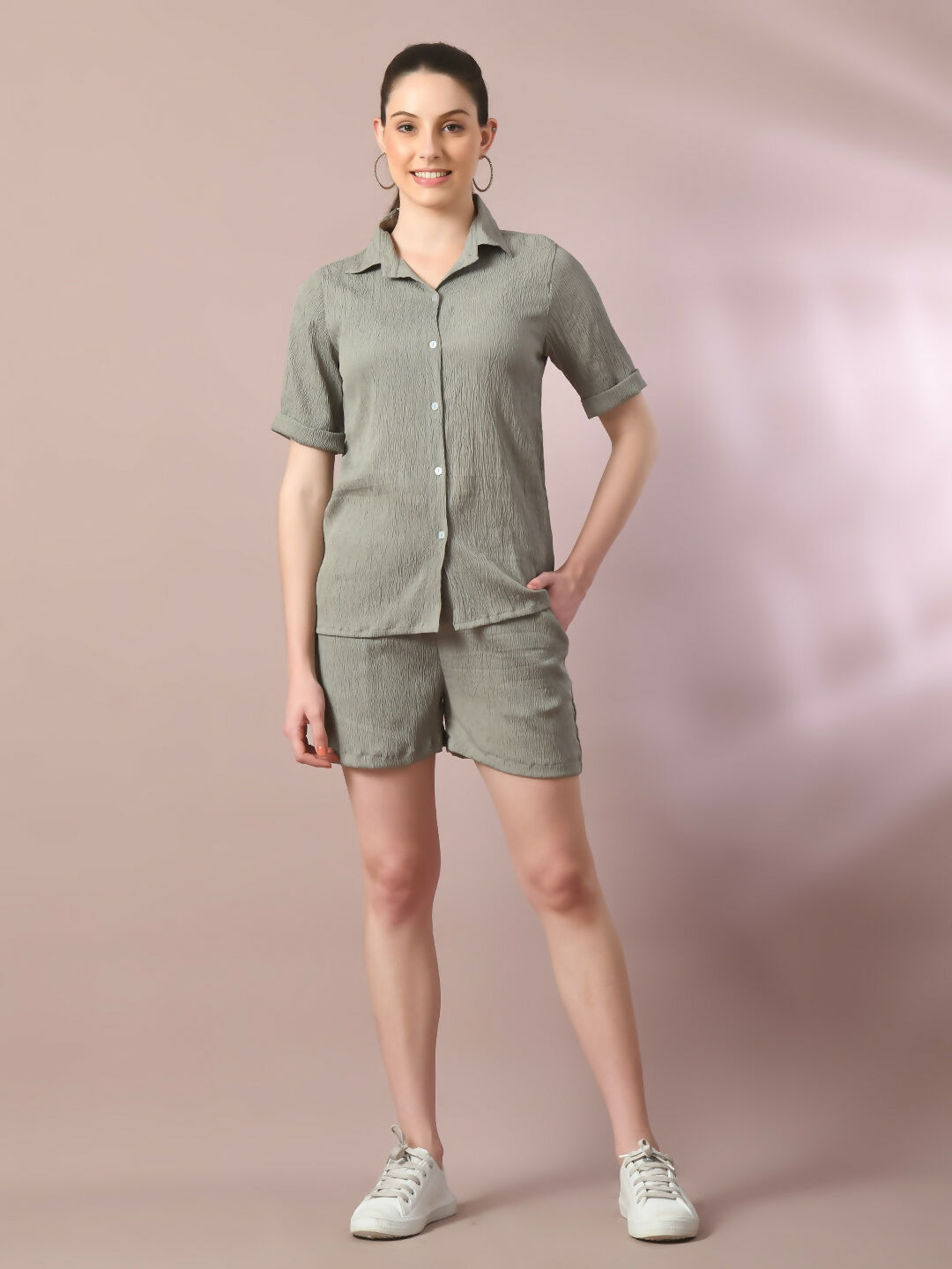 Myshka Women's Grey Solid Shirt Collar Party Shirt With Shorts Co-ord set - Swadesiicart